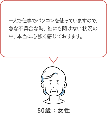 一人で仕事でパソコンを使っていますので、急な不具合の時、誰にも聞けない状況の中、本当に心強く感じております。