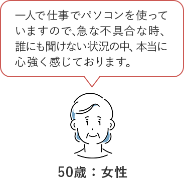 一人で仕事でパソコンを使っていますので、急な不具合の時、誰にも聞けない状況の中、本当に心強く感じております。